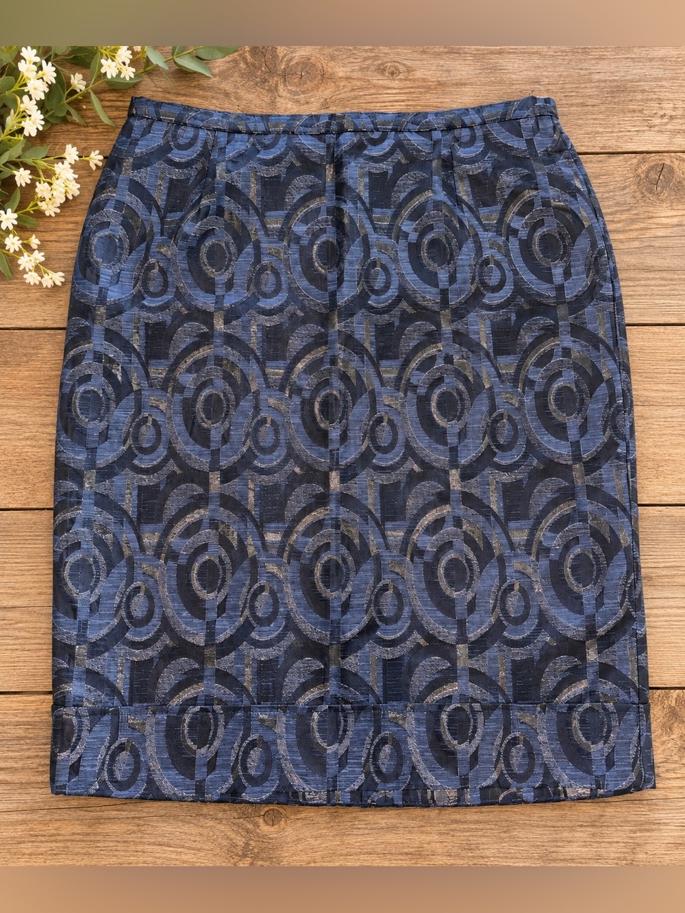 MaxMara Metallic Jacquard Navy Blue Pencil Skirt Size 14